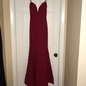 Long, red, strapless formal dress